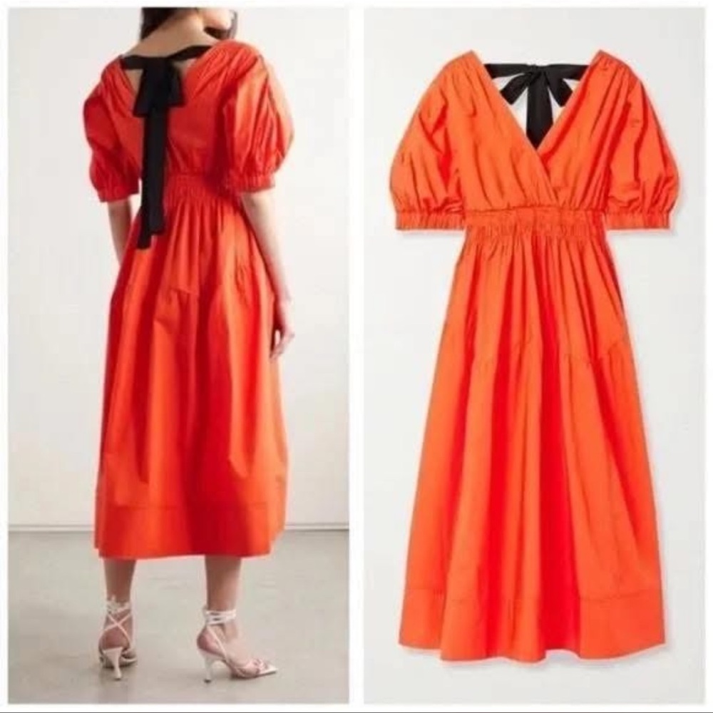 Self-Portrait Orange Puff Sleeve Tie Back Cotton Poplin Midi Cocktail Dress US 4